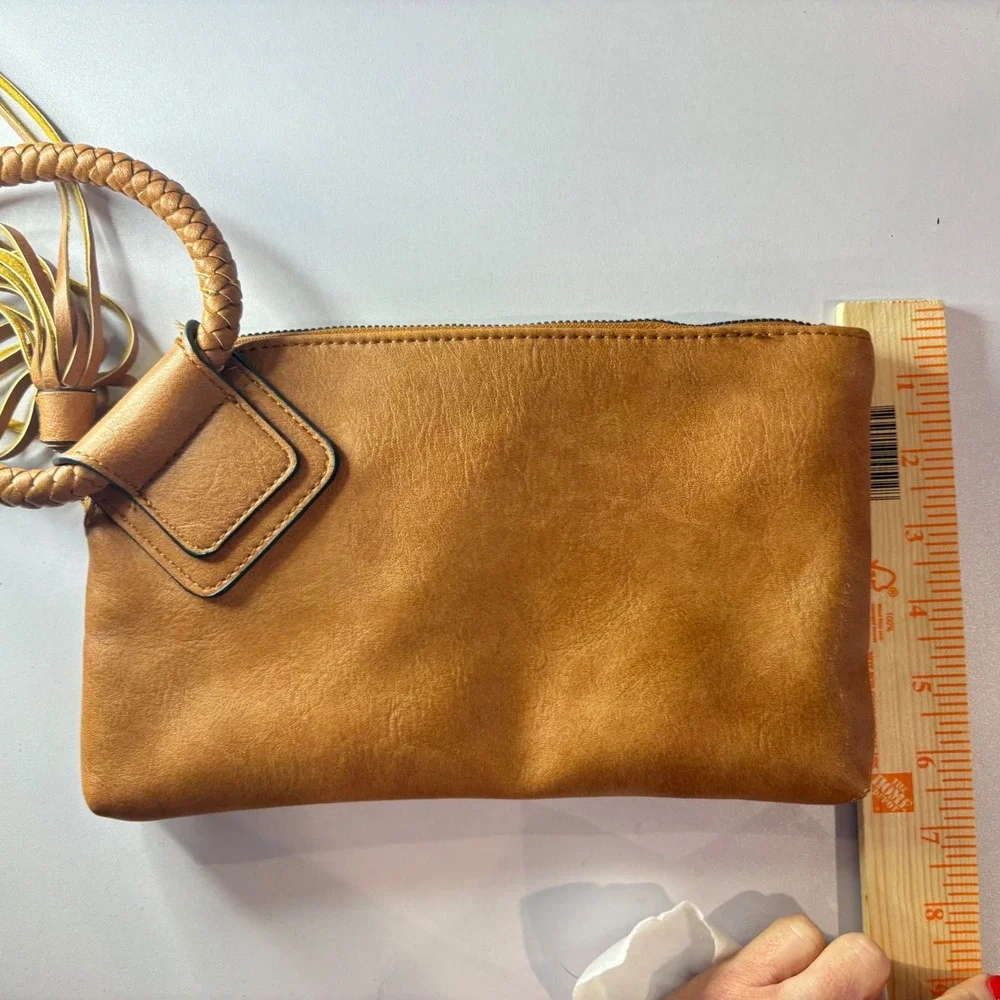 Tan Vegan Leather Tassel Clutch Braided Ring Handle Wristlet Boho Bag